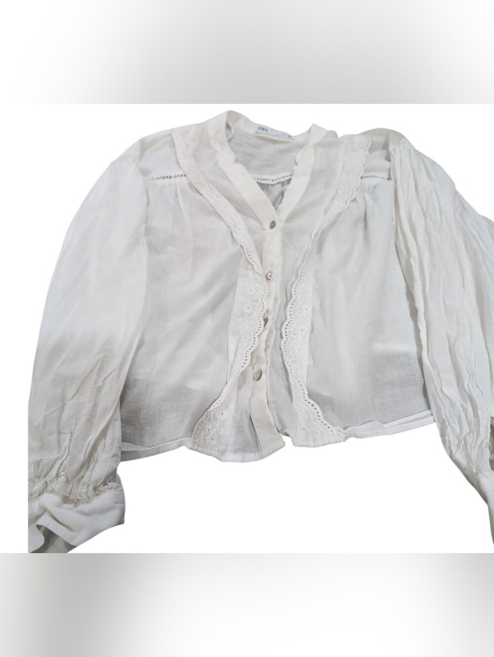 Zara White Eyelet Button-Front Blouse. Cropped. Romantic Sleeves.